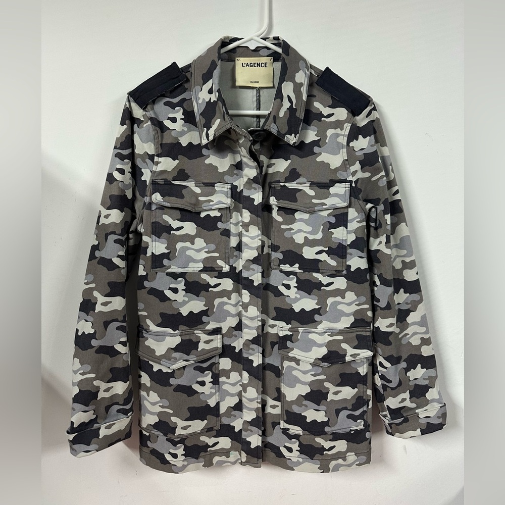 L'Agence Cromwell Camo Military Jacket Gray Stretch Cotton Size Medium